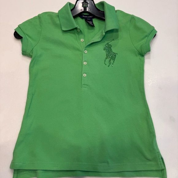 Ralph Lauren Girls Glitter Big Polo Shirt Green Short Sleeves Size Small (7) - Picture 7 of 8